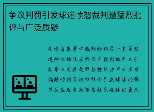 争议判罚引发球迷愤怒裁判遭猛烈批评与广泛质疑
