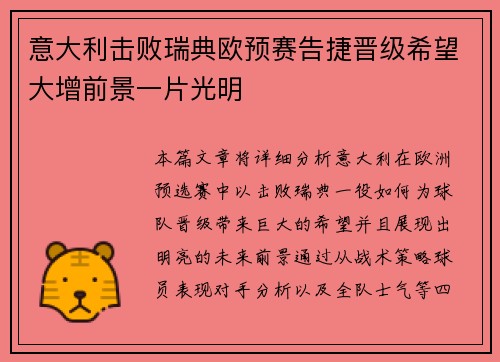 意大利击败瑞典欧预赛告捷晋级希望大增前景一片光明