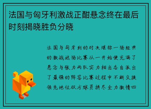 法国与匈牙利激战正酣悬念终在最后时刻揭晓胜负分晓
